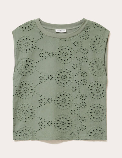 T-shirt sans manches brodé vert kaki femme