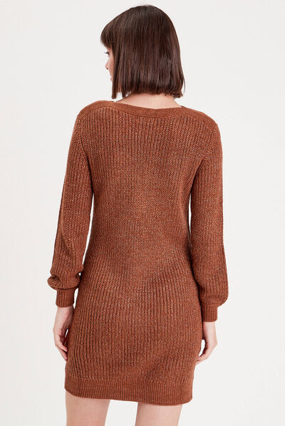 Robe pull droite col rond marron femme
