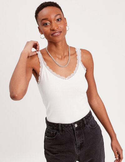 Débardeur liserés dentelle ecru femme