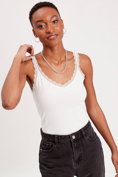 Débardeur liserés dentelle ecru femme