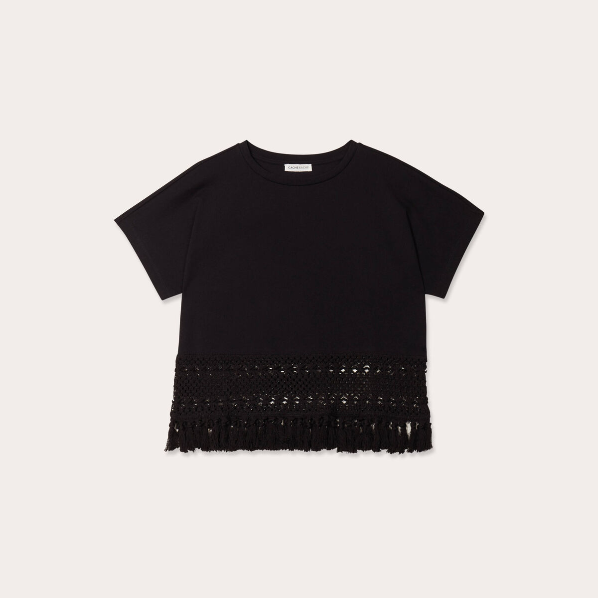 T-shirt franges crochet noir femme