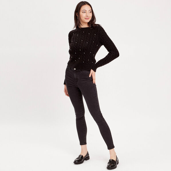 Pull avec torsades et perles noir femme