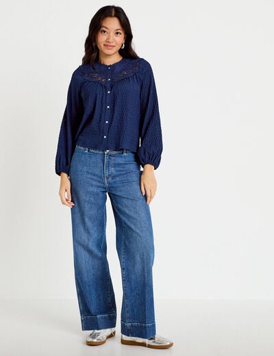Blouse col rond manches longues bleu fonc&eacute; femme