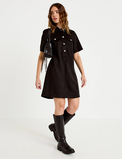 Robe droite 3/4 manches courtes daim noir femme