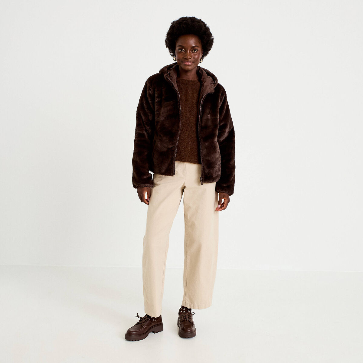 Parka r&eacute;versible &agrave; capuche marron fonc&eacute; femme
