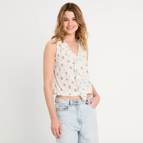Blouse volants sans manches blanc femme