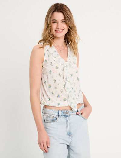 Blouse volants sans manches blanc femme