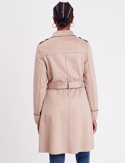 Trench long cintré suédine beige femme