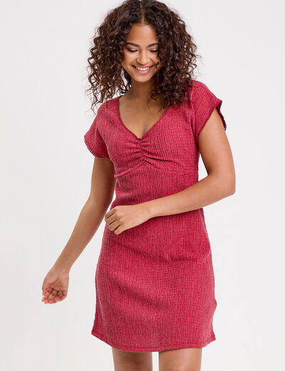 Robe courte évasée col v manches courtes rouge foncé femme