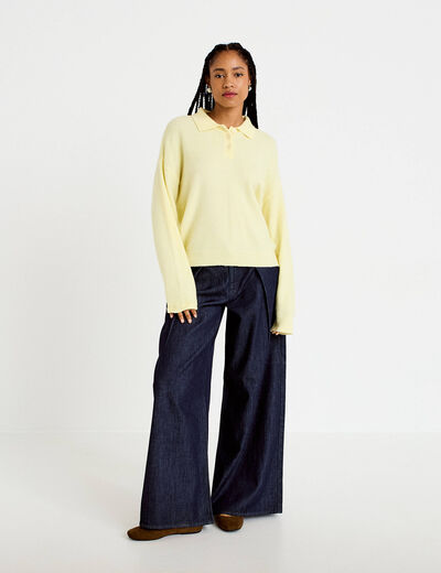 Pull col chemise manches longues jaune clair femme