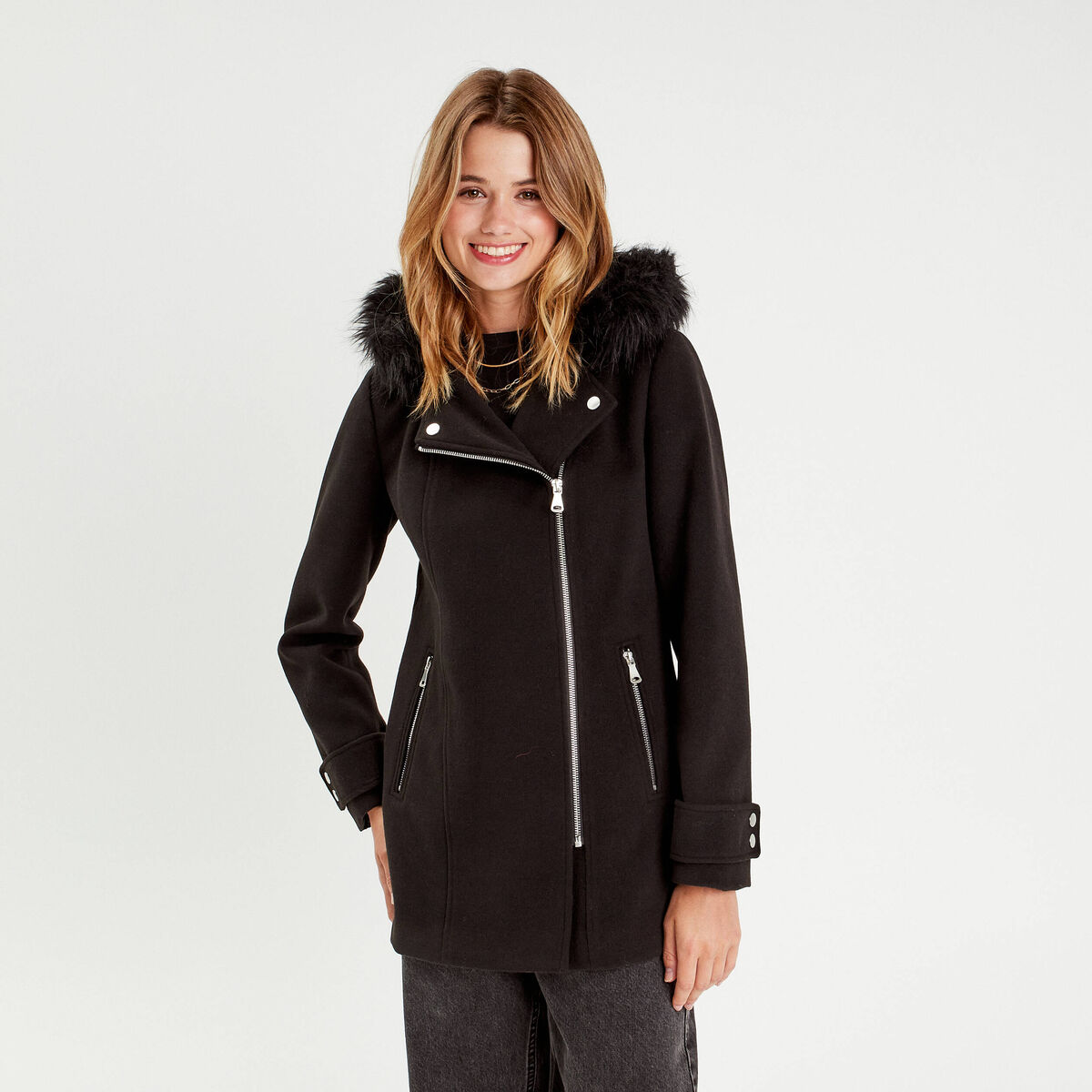 Manteau droit avec capuche noir femme