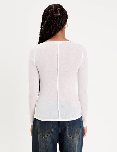 T-shirt cintr&eacute; col rond manches longues blanc femme