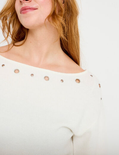 Pull col bateau manches longues ecru femme