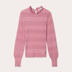Blouse dentelle col montant vieux rose femme