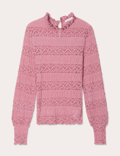 Blouse dentelle col montant vieux rose femme