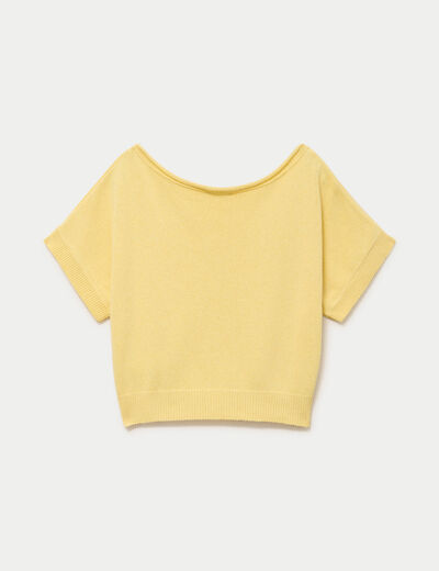 Pull ample cropped manches courtes jaune pastel femme