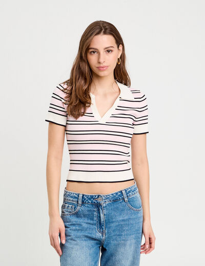 Pull manches courtes col polo rose femme