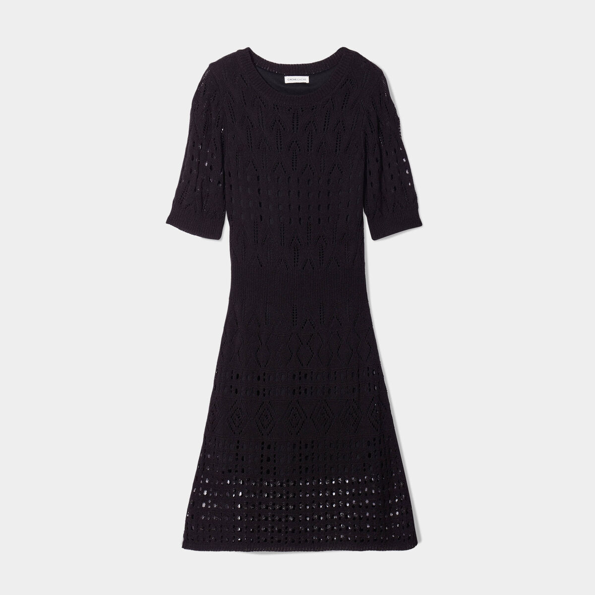 Robe pull évasée ajourée noir femme