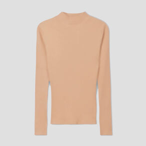 T-shirt côtelé col montant marron clair femme