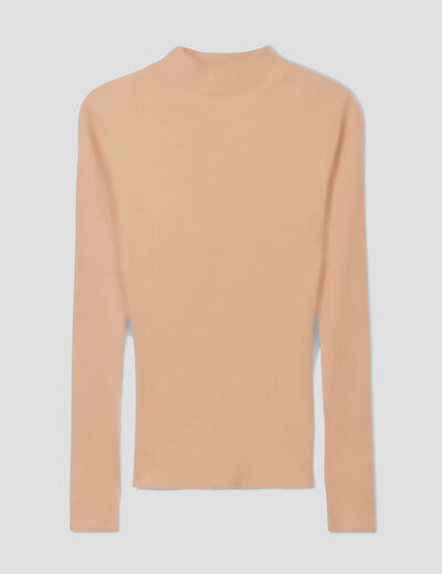 T-shirt côtelé col montant marron clair femme