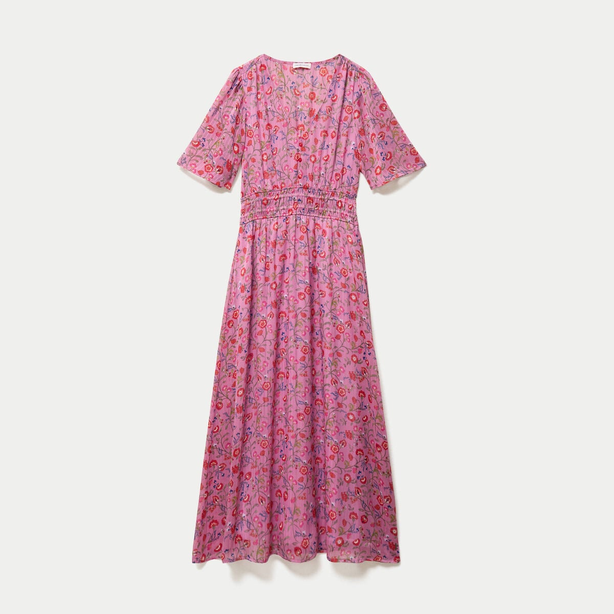 Robe longue &eacute;vas&eacute;e voile manches courtes rose femme