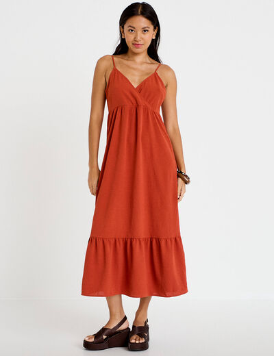 Robe d&eacute;collet&eacute; bretelles &eacute;vas&eacute;e orange fonc&eacute; femme