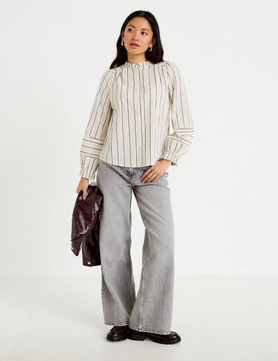 Blouse ajour&eacute;e manches longues blanc femme