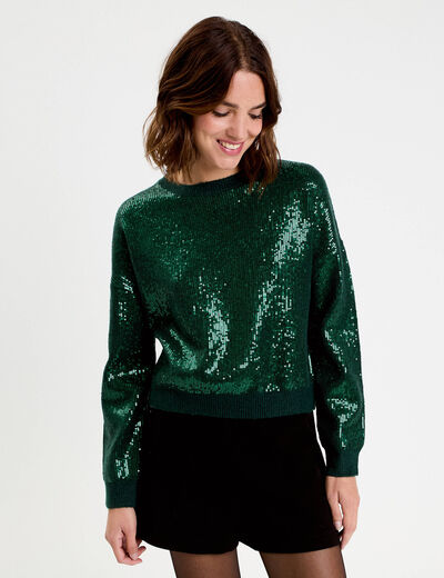 Pull manches longues avec sequins vert fonc&eacute; femme