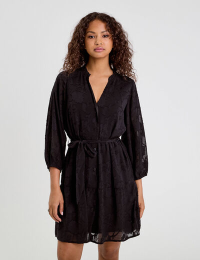 Robe chemise évasée ceinturée noir femme