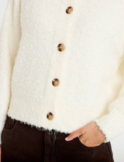 Gilet bouclette col rond manches longues ivoire femme