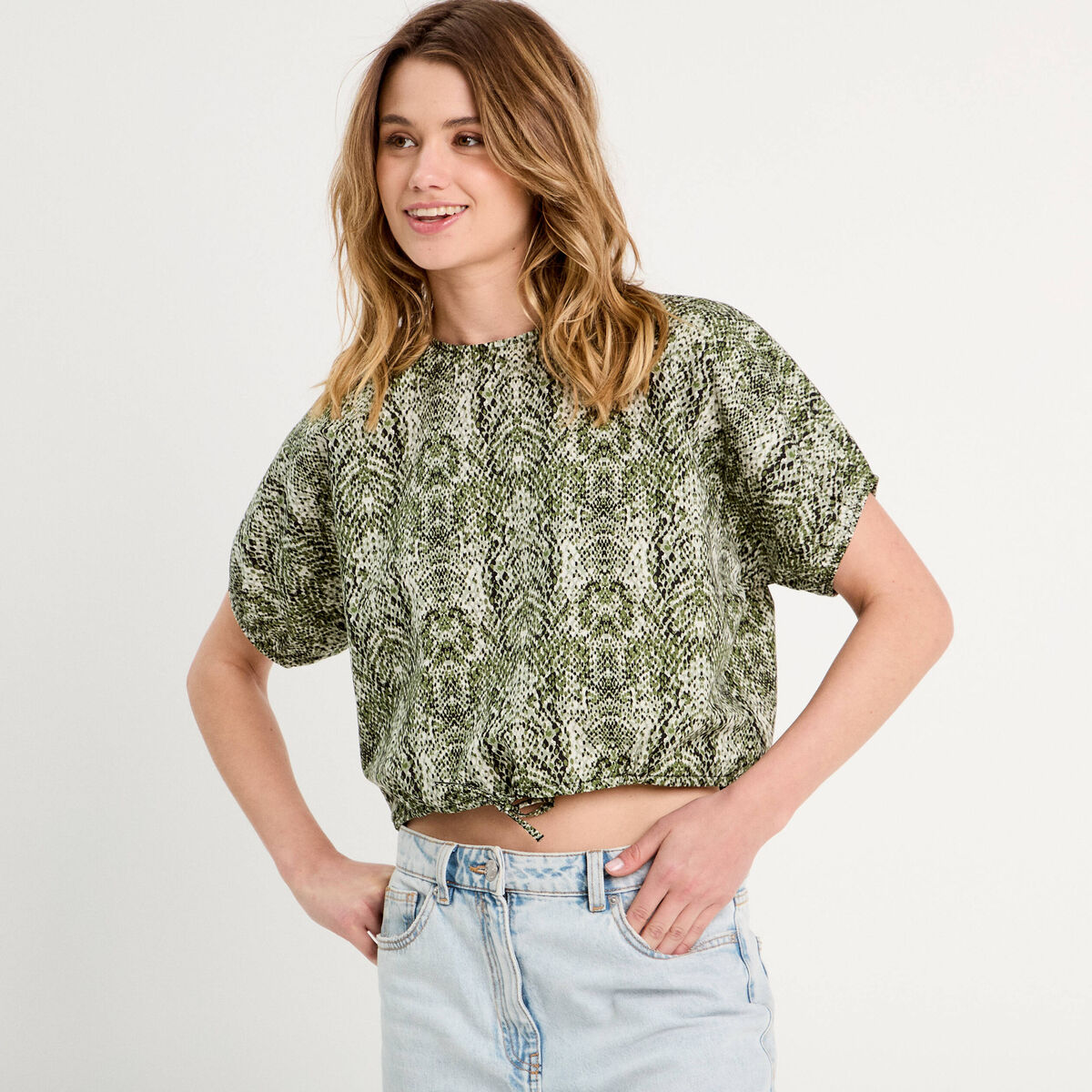 Blouse noeud manches courtes vert kaki femme