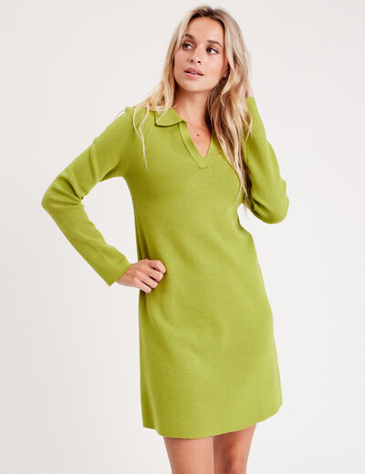 Robe pull droite col polo vert anis femme