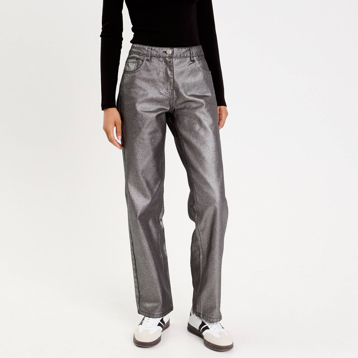 Pantalon droit enduit gris argent femme