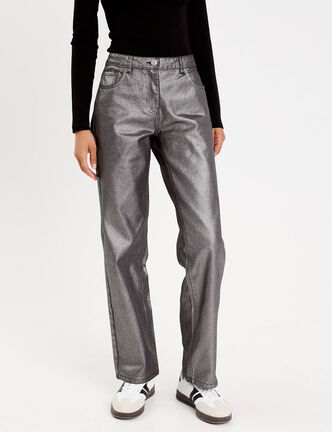 Pantalon droit enduit gris argent femme
