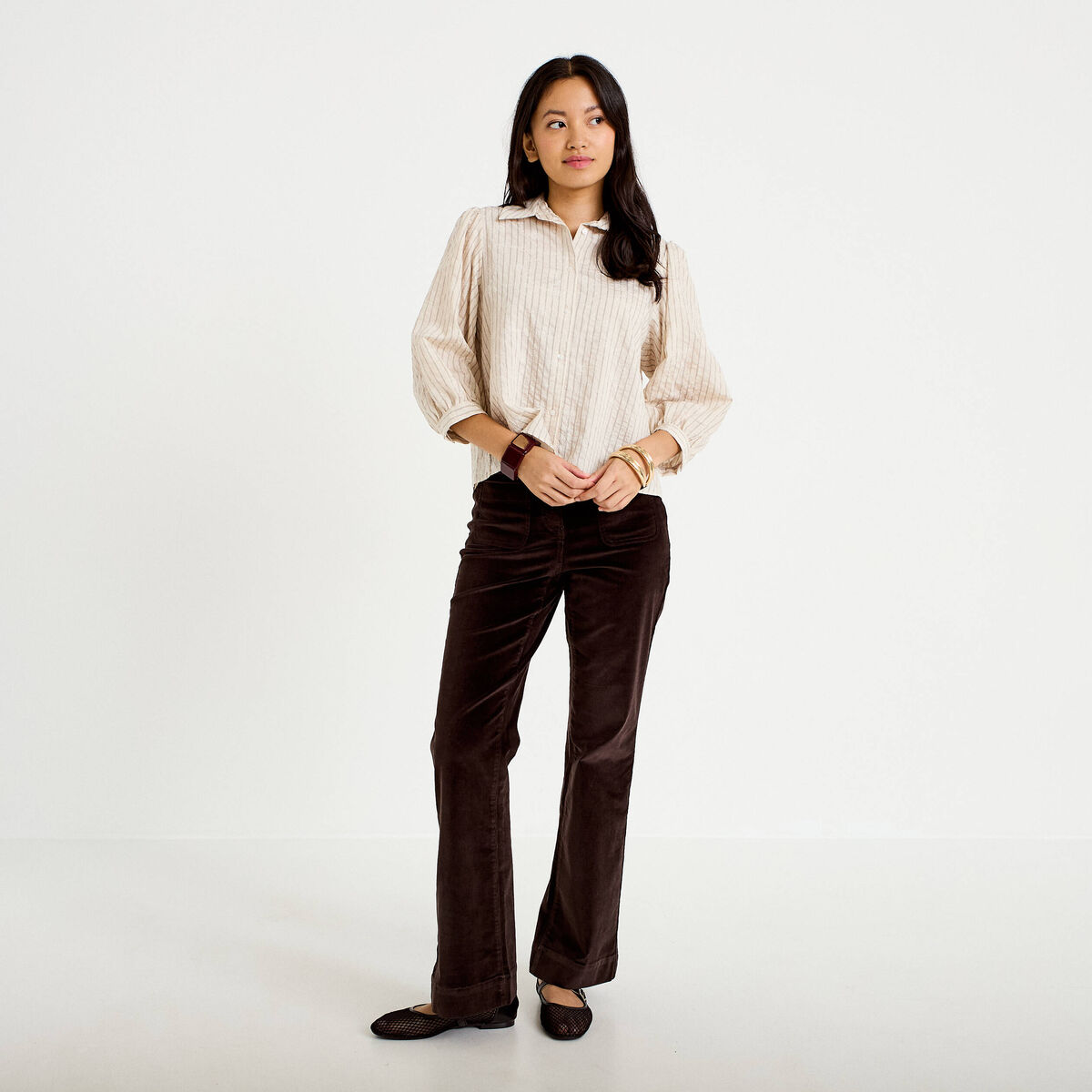 Pantalon bootcut taille haute velours marron fonc&eacute; femme