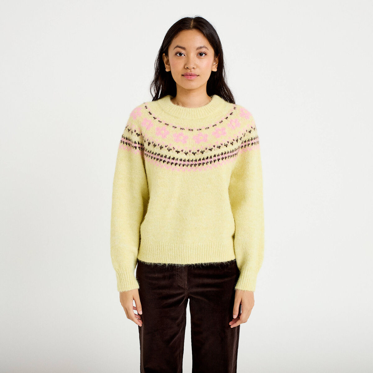 Pull col rond manches longues jaune clair femme