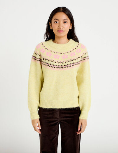 Pull col rond manches longues jaune clair femme