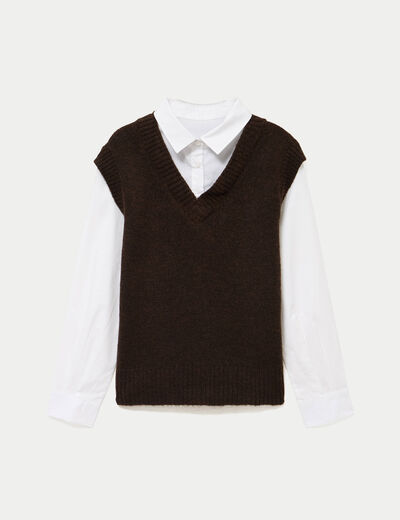 Pull chemise 2-en-1 marron femme