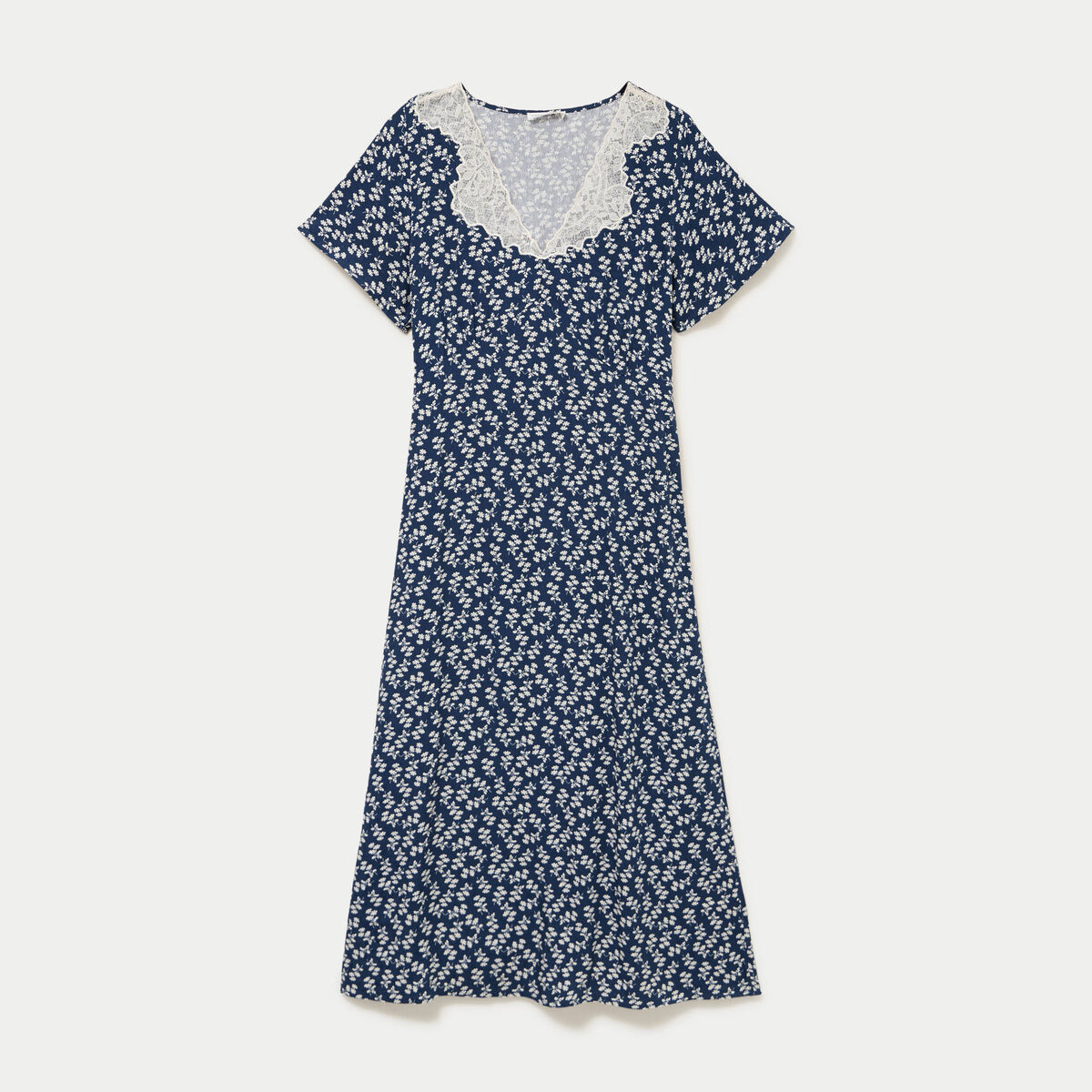 Robe longue &eacute;vas&eacute;e col v dentelle bleu marine femme