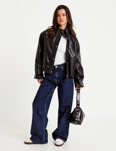 Jean wide leg taille haute Petite denim blue black femme