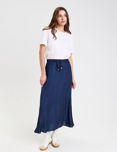 Jupe longue évasée satin bleu marine femme