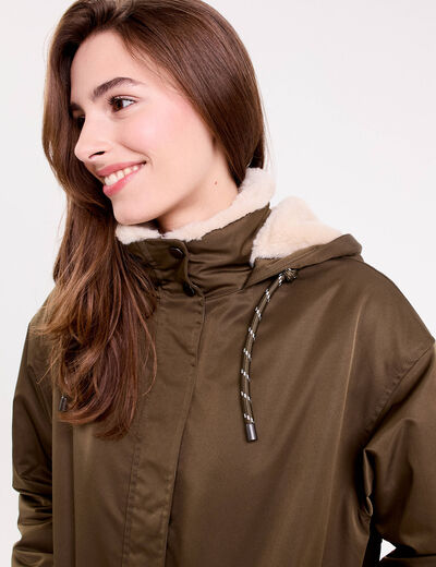 Parka droite mi-longue &agrave; capuche vert kaki femme
