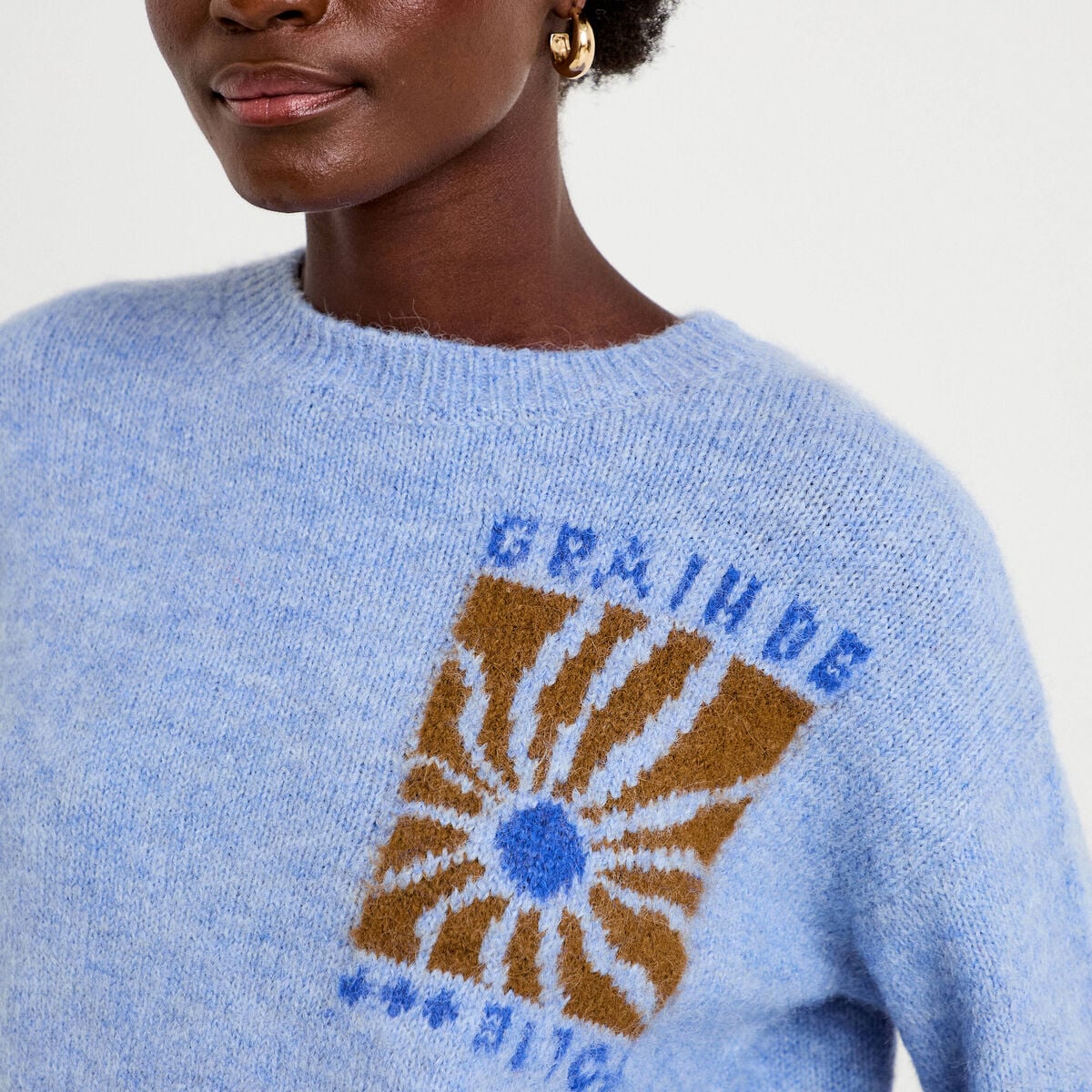 Pull ample col rond manches longues bleu ciel femme