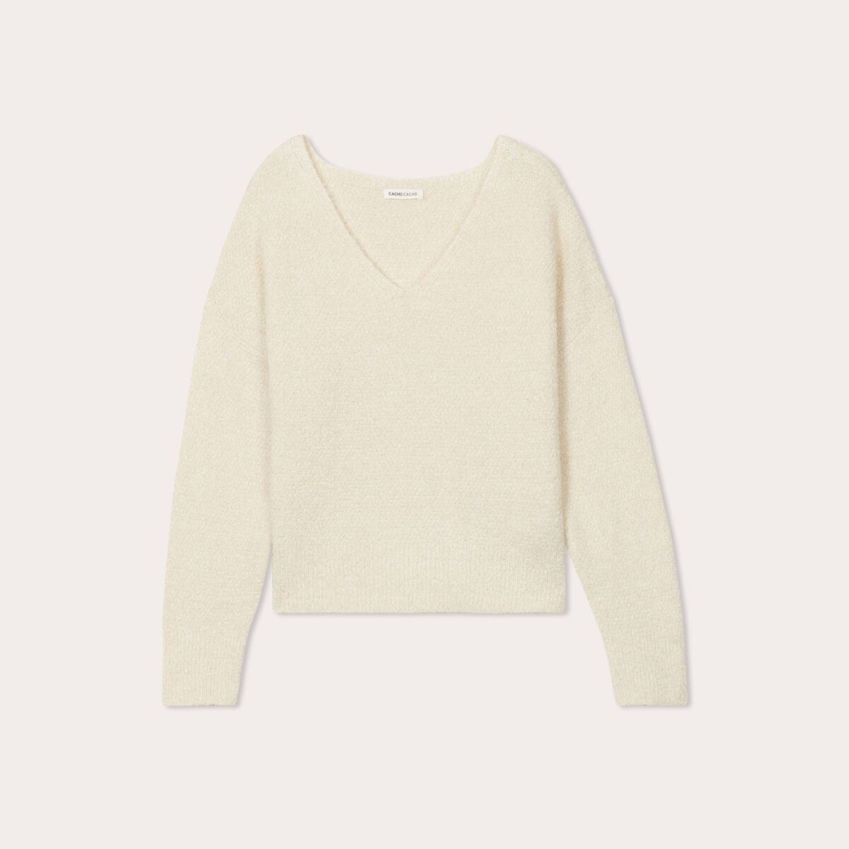 Pull manches longues col en V ecru femme