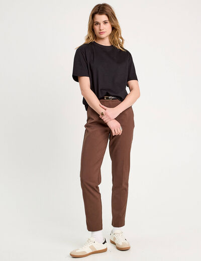 Pantalon cigarette ceintur&eacute; marron fonc&eacute; femme