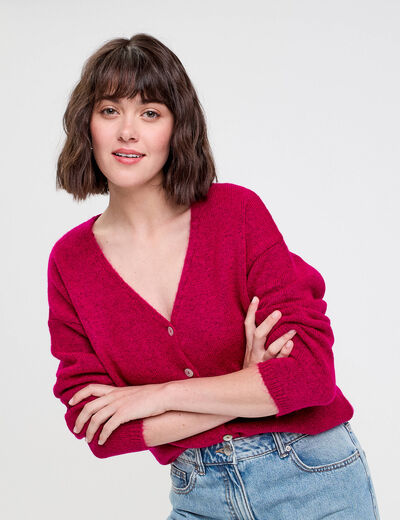 Gilet boutonn&eacute; avec col en V rose fushia femme