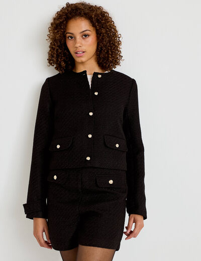 Veste tweed cintr&eacute;e cropped col mao noir femme