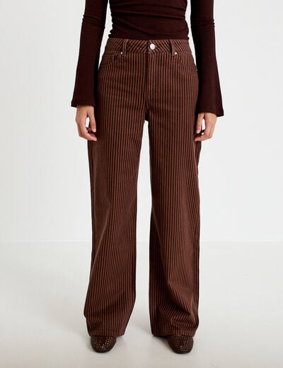 Jean wide leg ray&eacute; taille haute marron femme