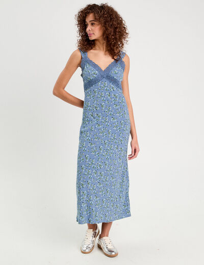 Robe longue évasée dentelle bleu foncé femme