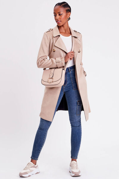 Trench long en suédine boutonné femme beige femme